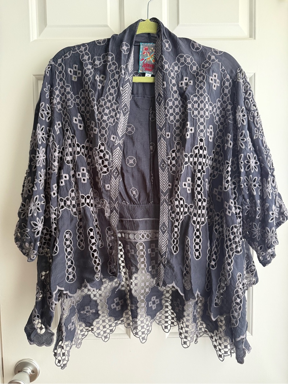 Johnny Was Washed Slate Gray Embroidered Eyelet Cutout Kimono Top